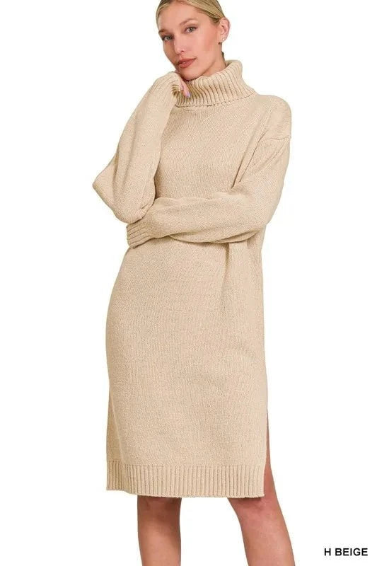 Zenana Turtle Neck Long Sleeve Midi Sweater Dress H BEIGE / S