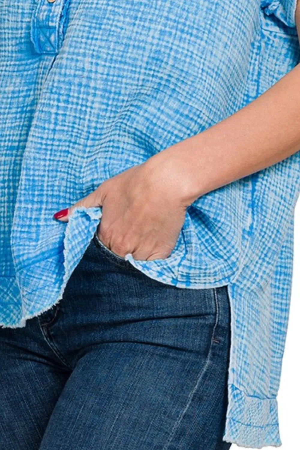 Zenana Washed Double Gauze 3/4 Button Henley Neck Shirt