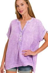Zenana Washed Double Gauze 3/4 Button Henley Neck Shirt LAVENDER / S/M