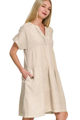 Zenana Washed Double Gauze Raw Edge V-neck Dress SAND BEIGE / S/M