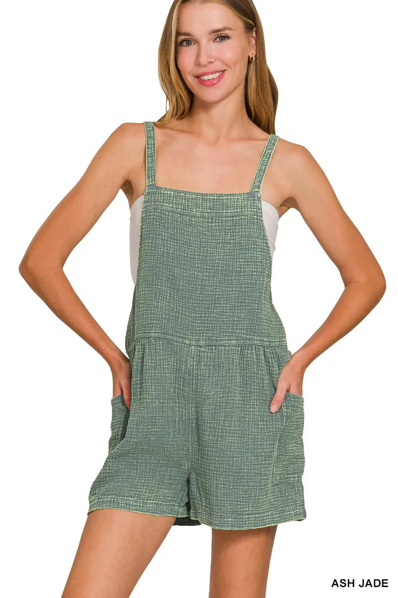 Zenana Washed Double Gauze Tie Back Rompers ASH JADE / S