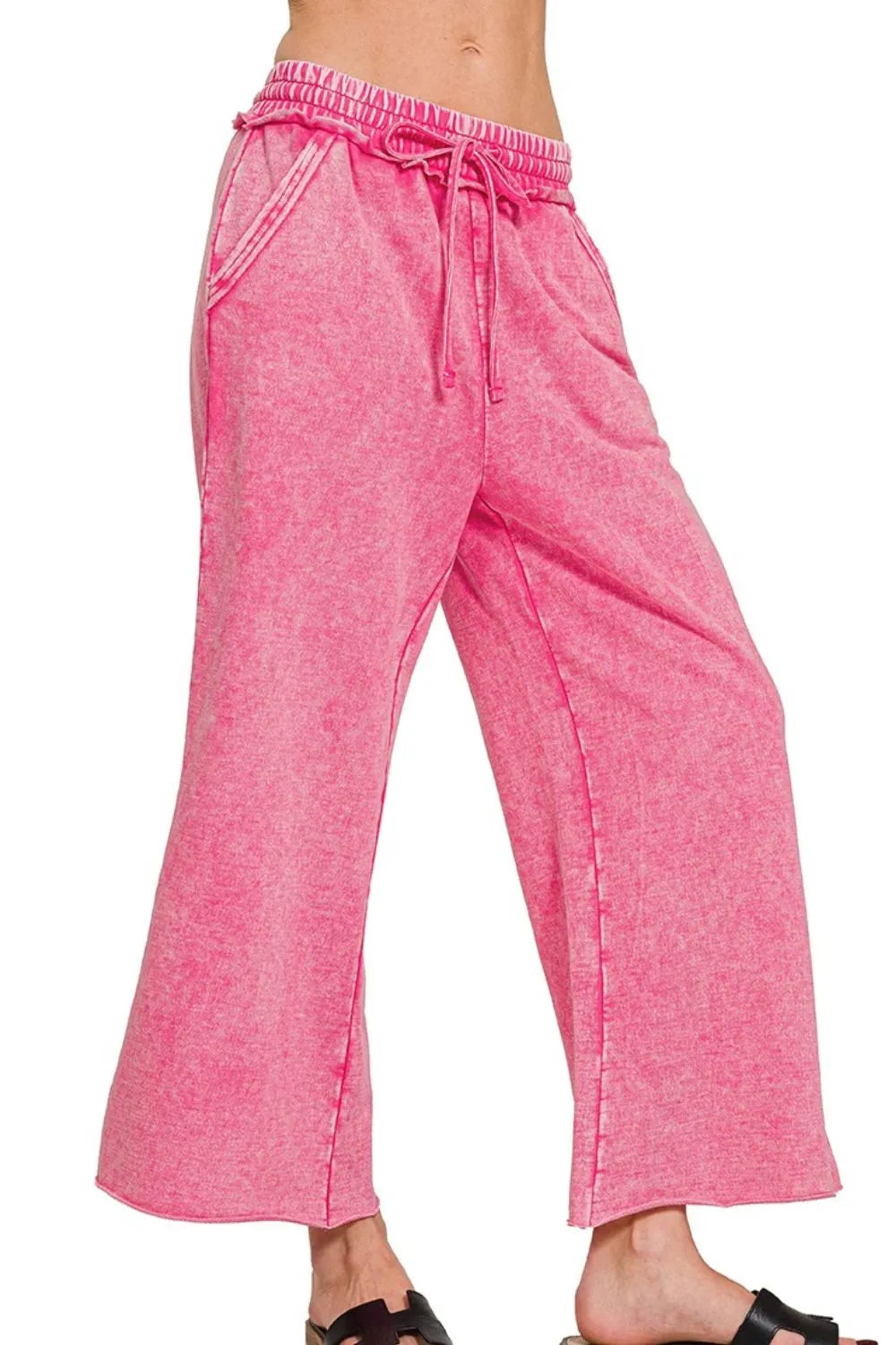 Zenana Washed French Terry Palazzo With Pockets HOT PINK / S