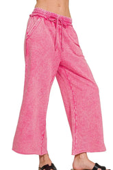 Zenana Washed French Terry Palazzo With Pockets HOT PINK / S
