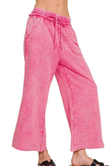 Zenana Washed French Terry Palazzo With Pockets HOT PINK / S