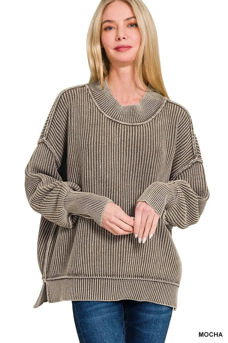 Zenana Washed Side Slit Oversized Sweater MOCHA / S/M