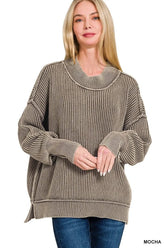 Zenana Washed Side Slit Oversized Sweater MOCHA / S/M