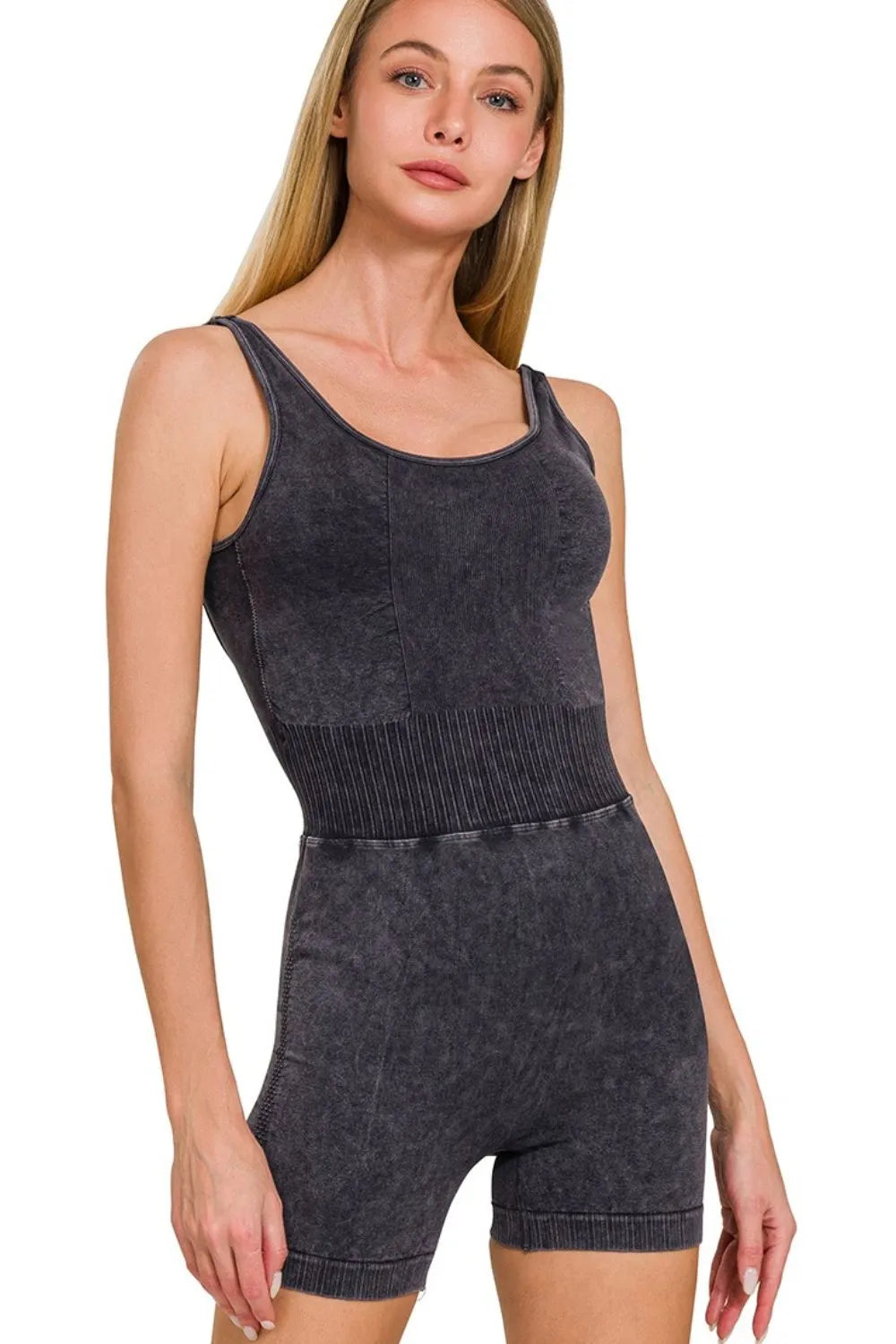 Zenana Washed Sports Romper With Removable Bra Pad BLACK / S/M