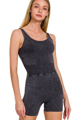 Zenana Washed Sports Romper With Removable Bra Pad BLACK / S/M