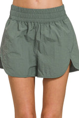 Zenana Windbreaker Smocked Waistband Running Shorts ASH JADE / S