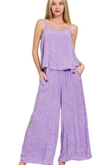 Zenana Woven Acid Crinkle Washed Cami & Pants 2 Piece Set LAVENDER / S