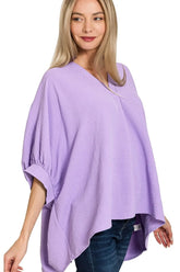 Zenana Woven Airflow V-neck Puff Half Sleeve Top LAVENDER / S/M