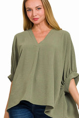 Zenana Woven Airflow V-neck Puff Half Sleeve Top LT OLIVE / S/M