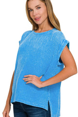 Zenana Woven Double Gauze Acid Washed Short Sleeve Top DEEP SKY / S