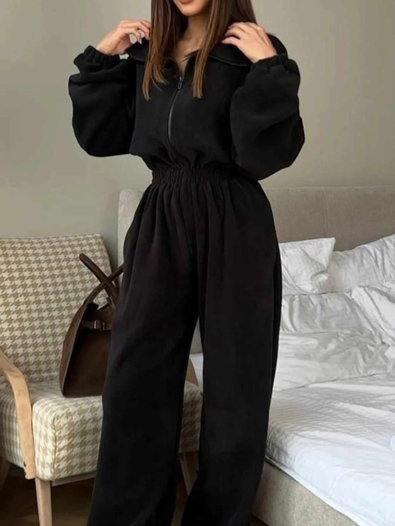 Zip Front Long Sleeve Jumpsuit Black / S