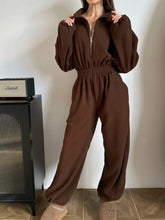 Zip Front Long Sleeve Jumpsuit Brown / S