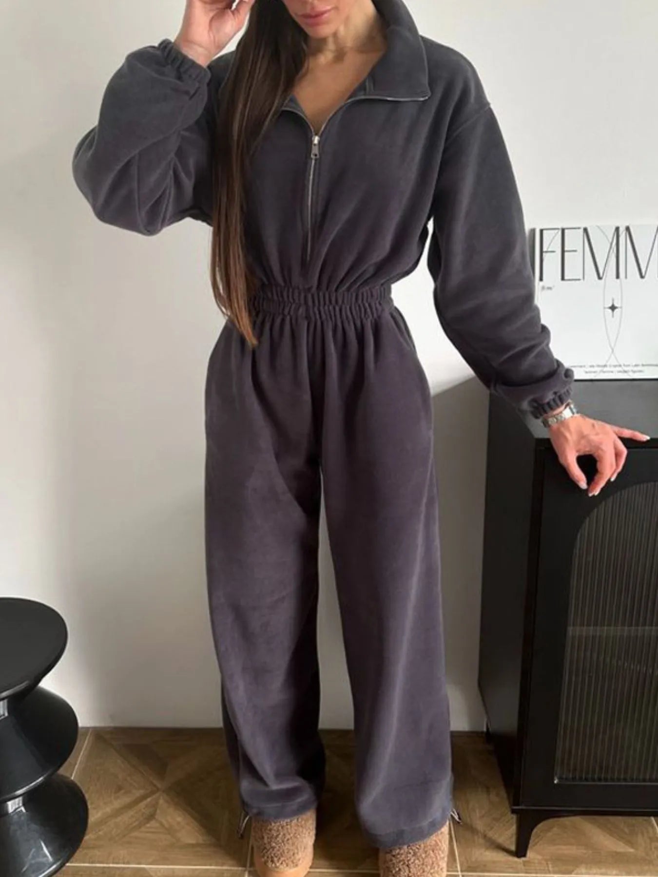 Zip Front Long Sleeve Jumpsuit Dark Gray / S