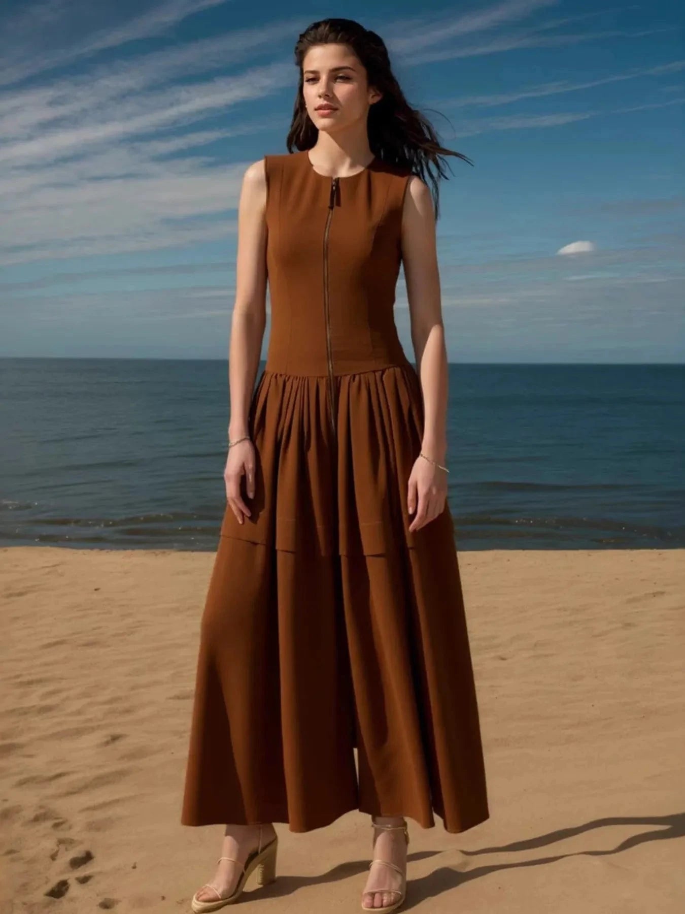 Zip Front Round Neck Sleeveless Dress Brown / S