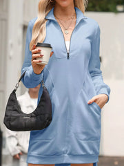 Zip Up Collared Ribbed Patchwork Sweatshirt Dress with Pockets