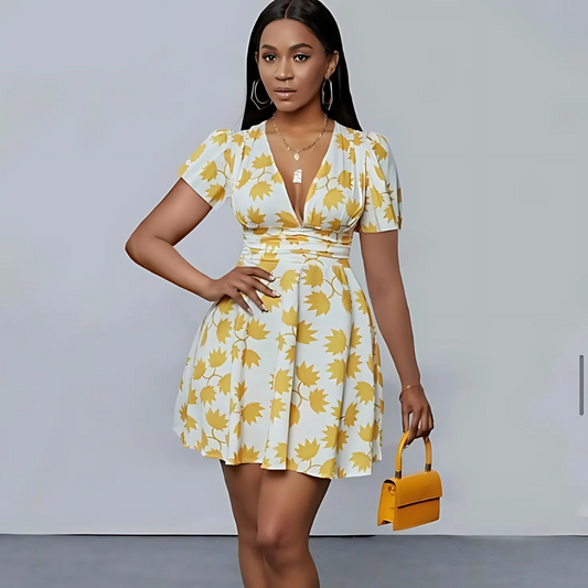 a person in a yellow and white floral print dress
