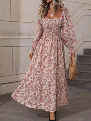 Pink floral print midi dress with square neck and smocked bodice, front view