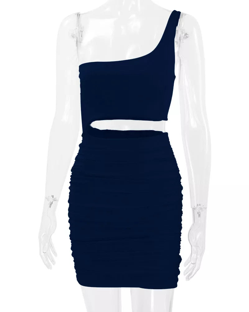 Navy one shoulder cutout ruched bodycon mini dress on a clear mannequin front view