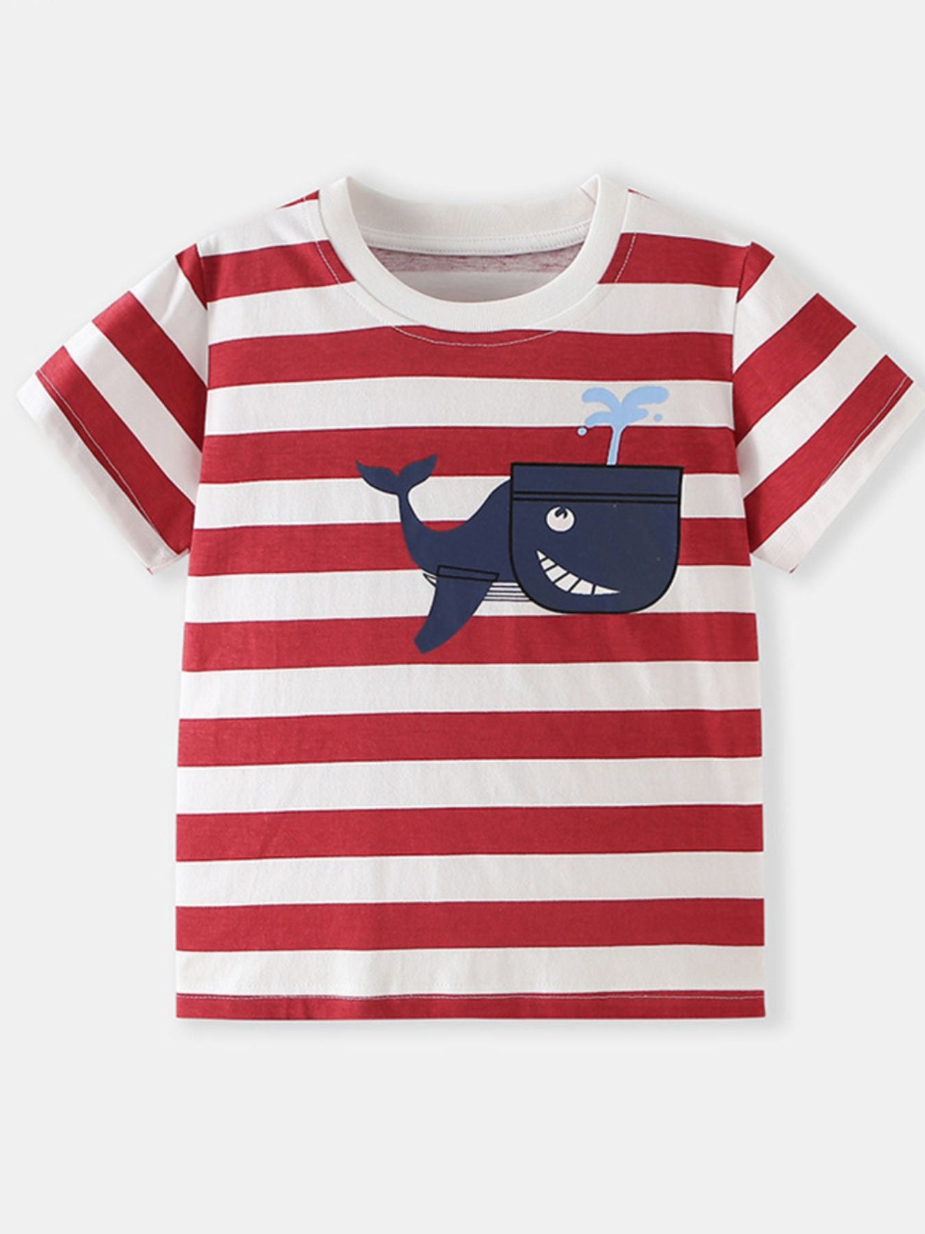 Flat lay front view of children's red and white striped t-shirt with navy whale graphic