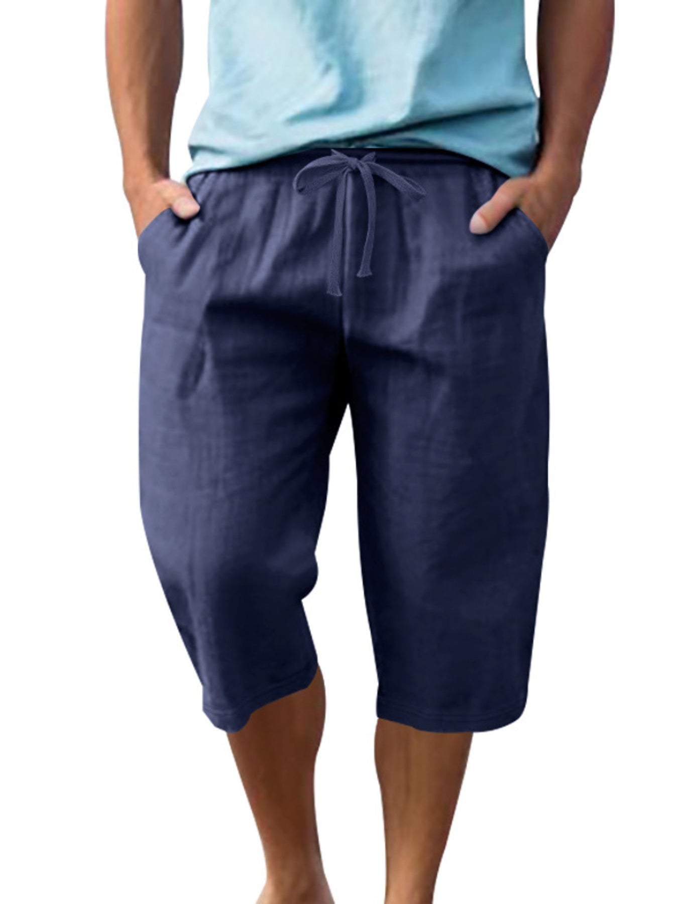 Men's casual shorts with a drawstring waist and pockets in the navy blue color.