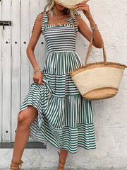 Women's striped midi dress with a square neckline, smocking and tie detail.