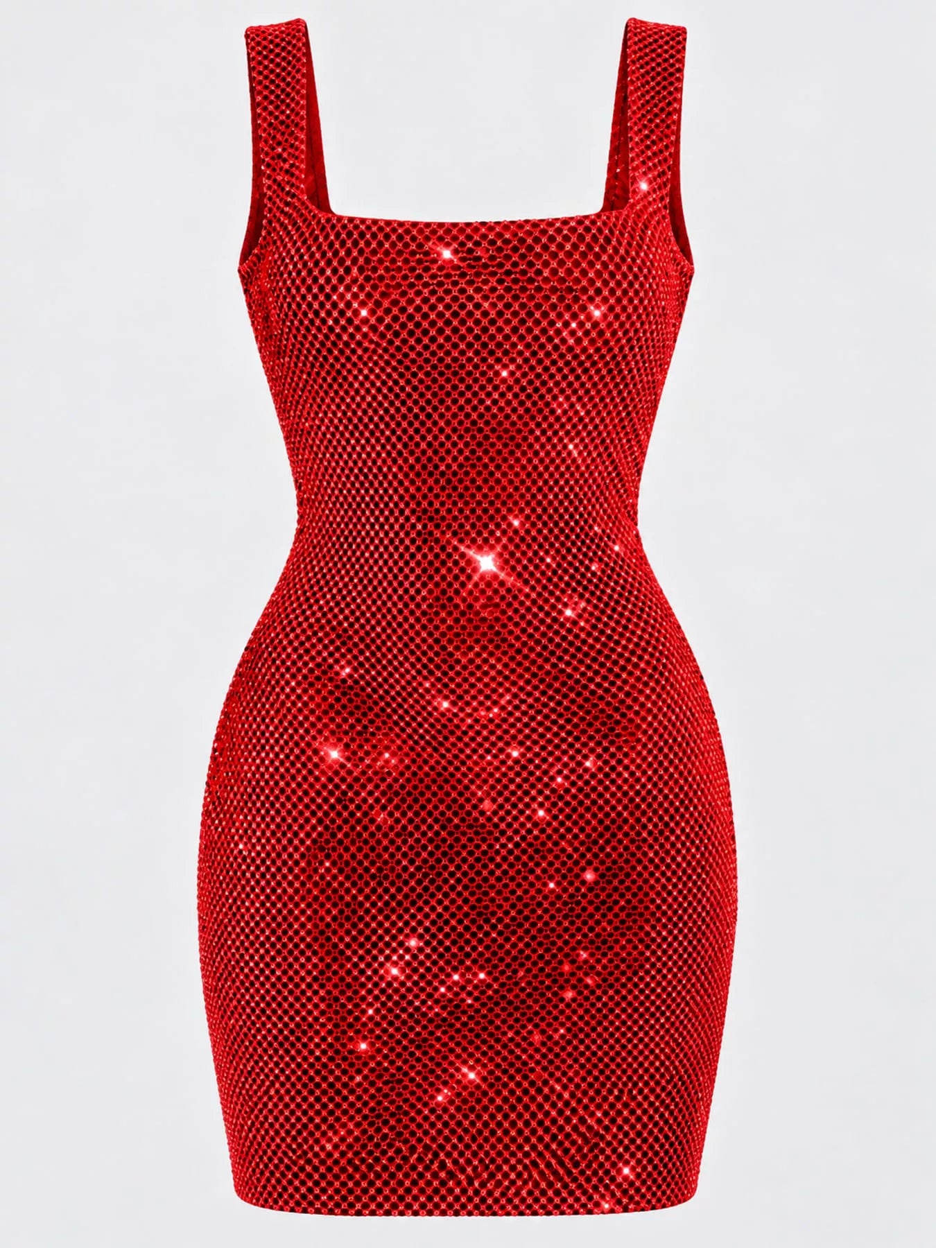 Red rhinestone mesh bodycon mini dress shown flat, front view unworn