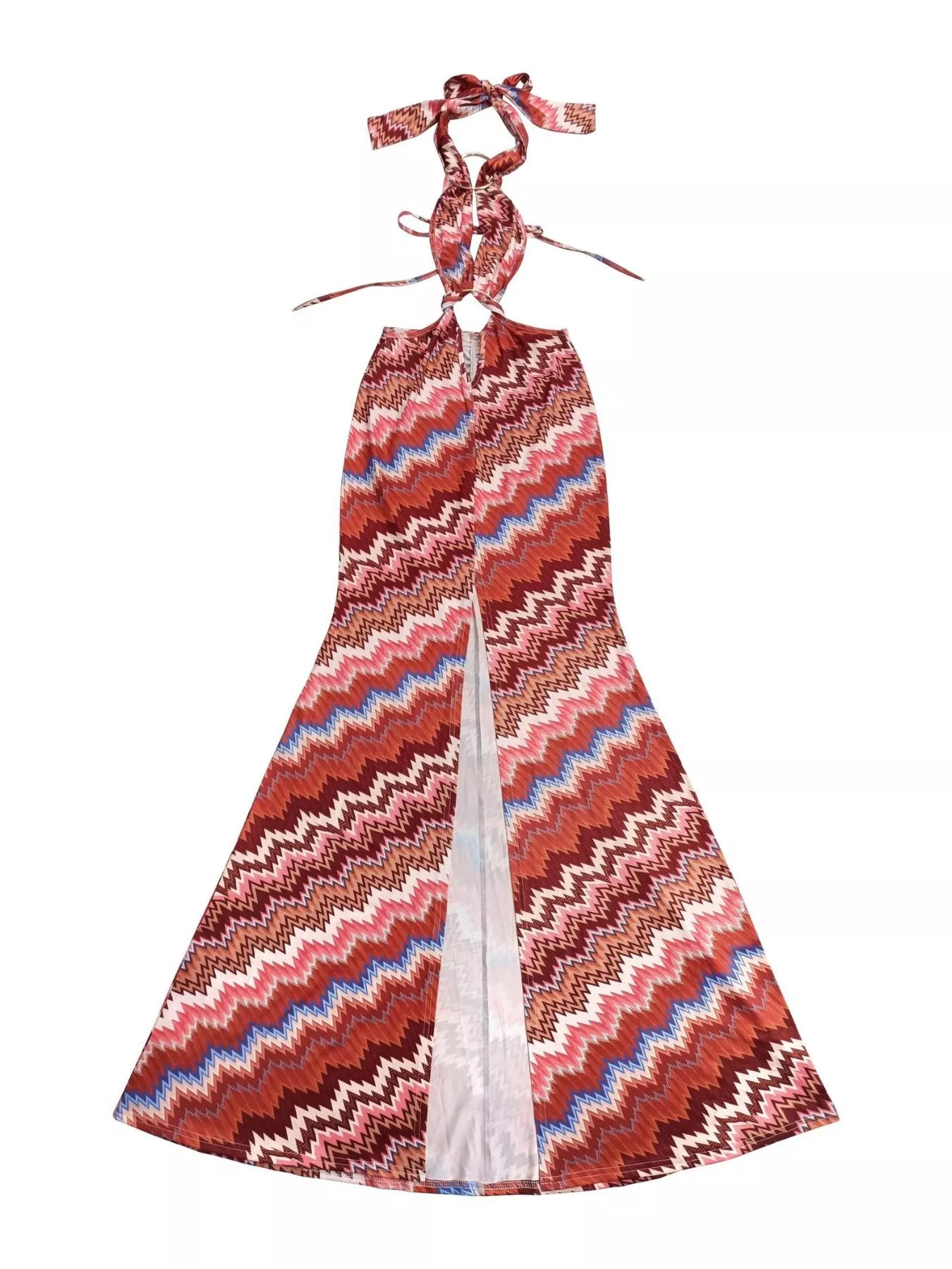 Rust chevron halter maxi dress laid flat showing front slit and tied neck straps