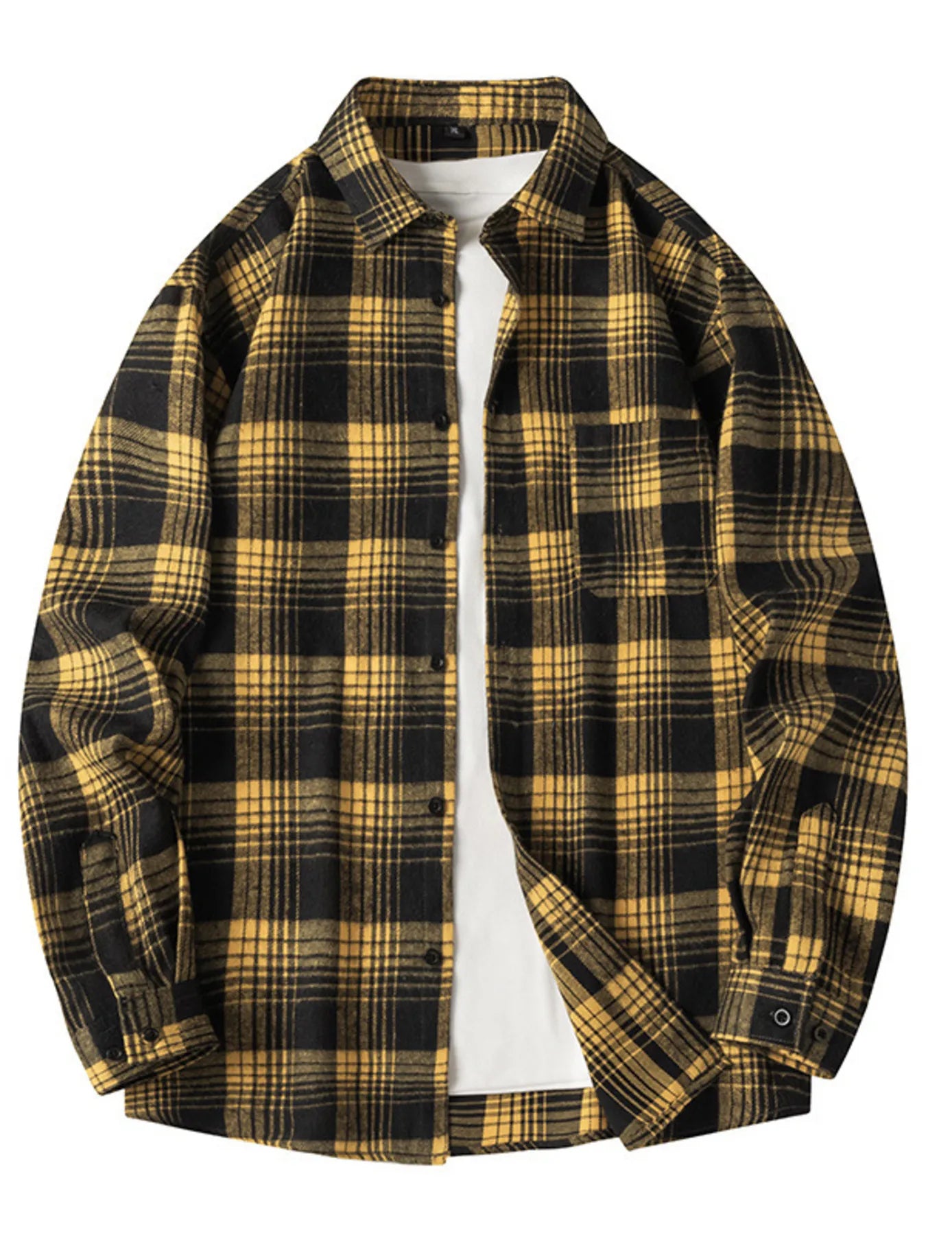 Men's oversized plaid shirt with long sleeves and button detailing.