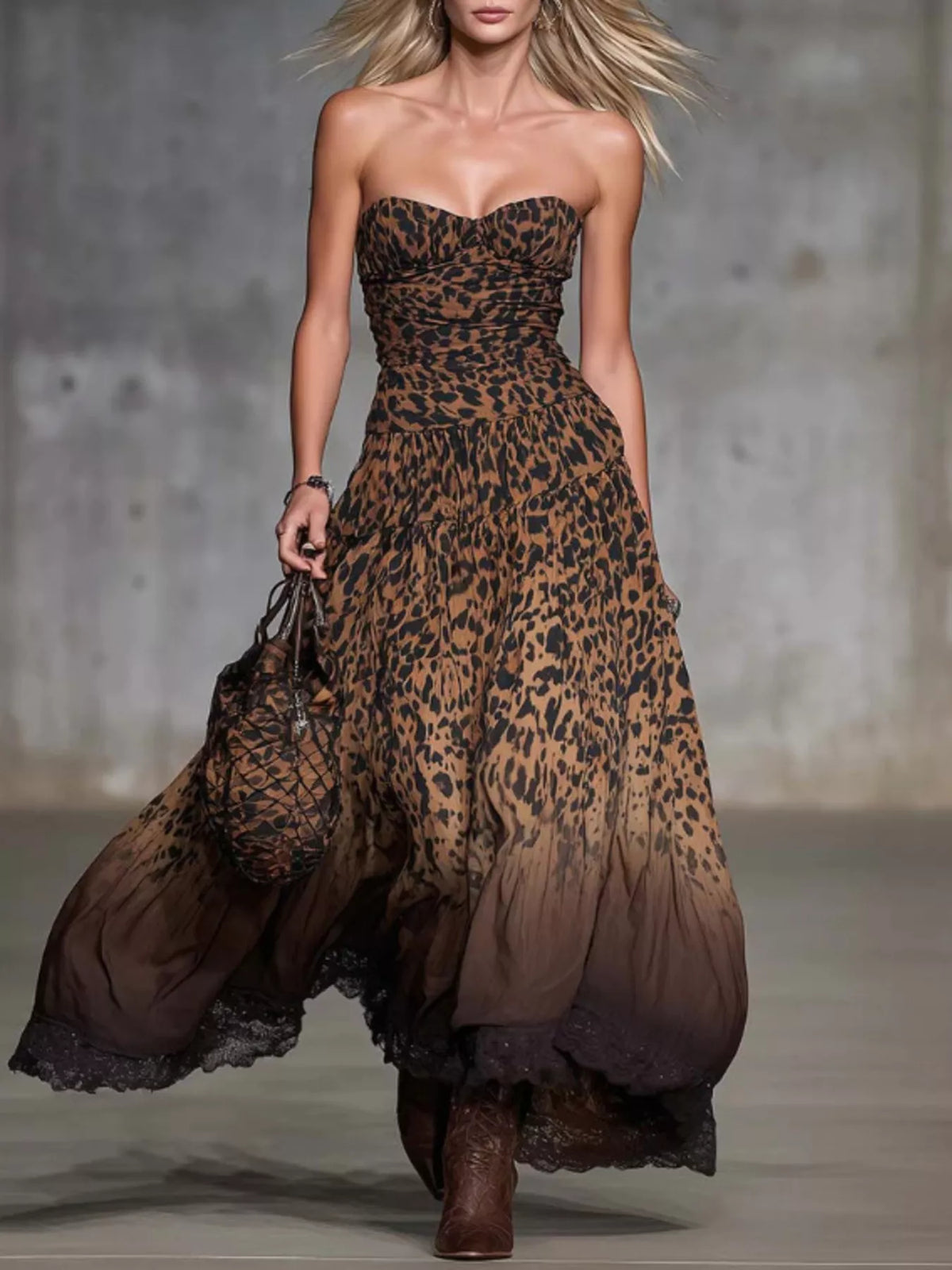 Dark brown strapless leopard print maxi dress with sweetheart neckline and flowing tiered skirt, front view