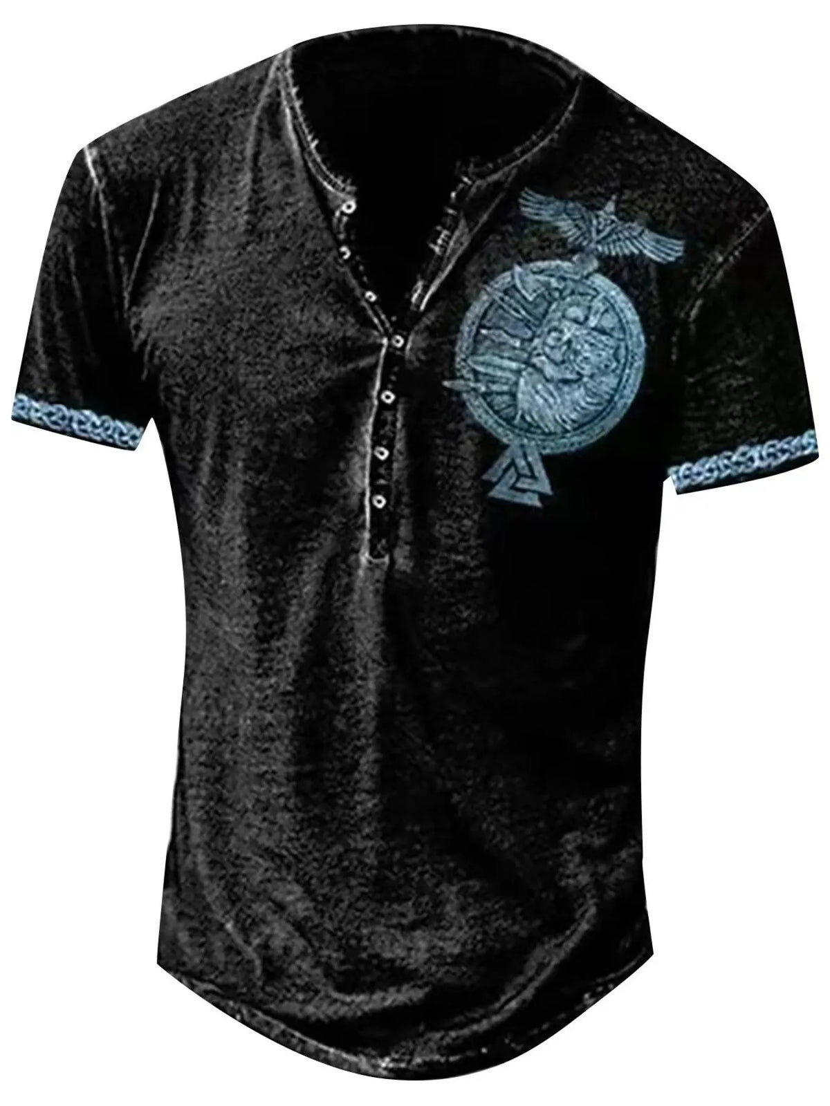 Men's short-sleeve graphic Henley in a cotton-polyester blend with button detailing.