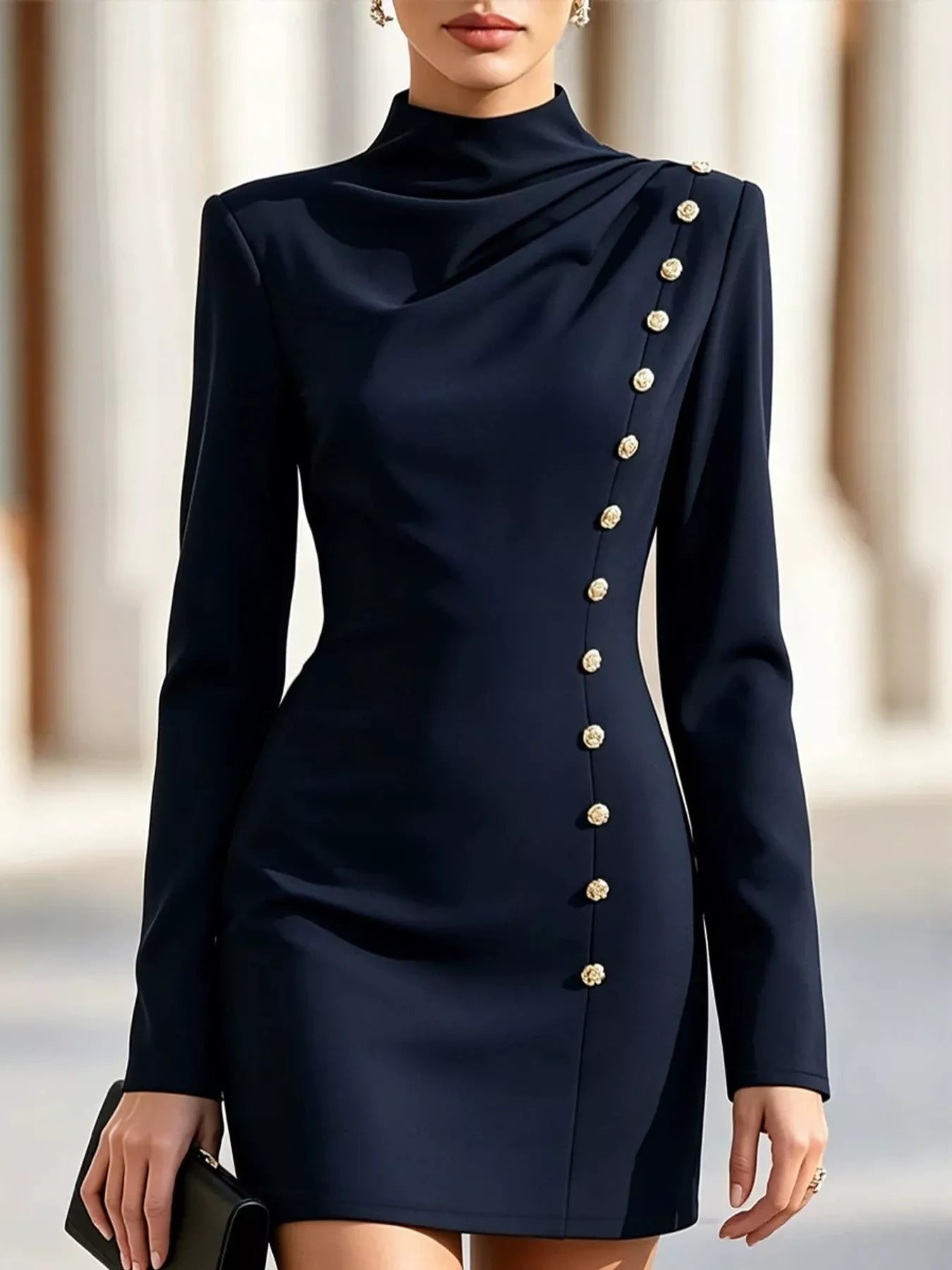 Model outdoors wearing navy mock neck mini dress with long sleeves and gold decorative buttons