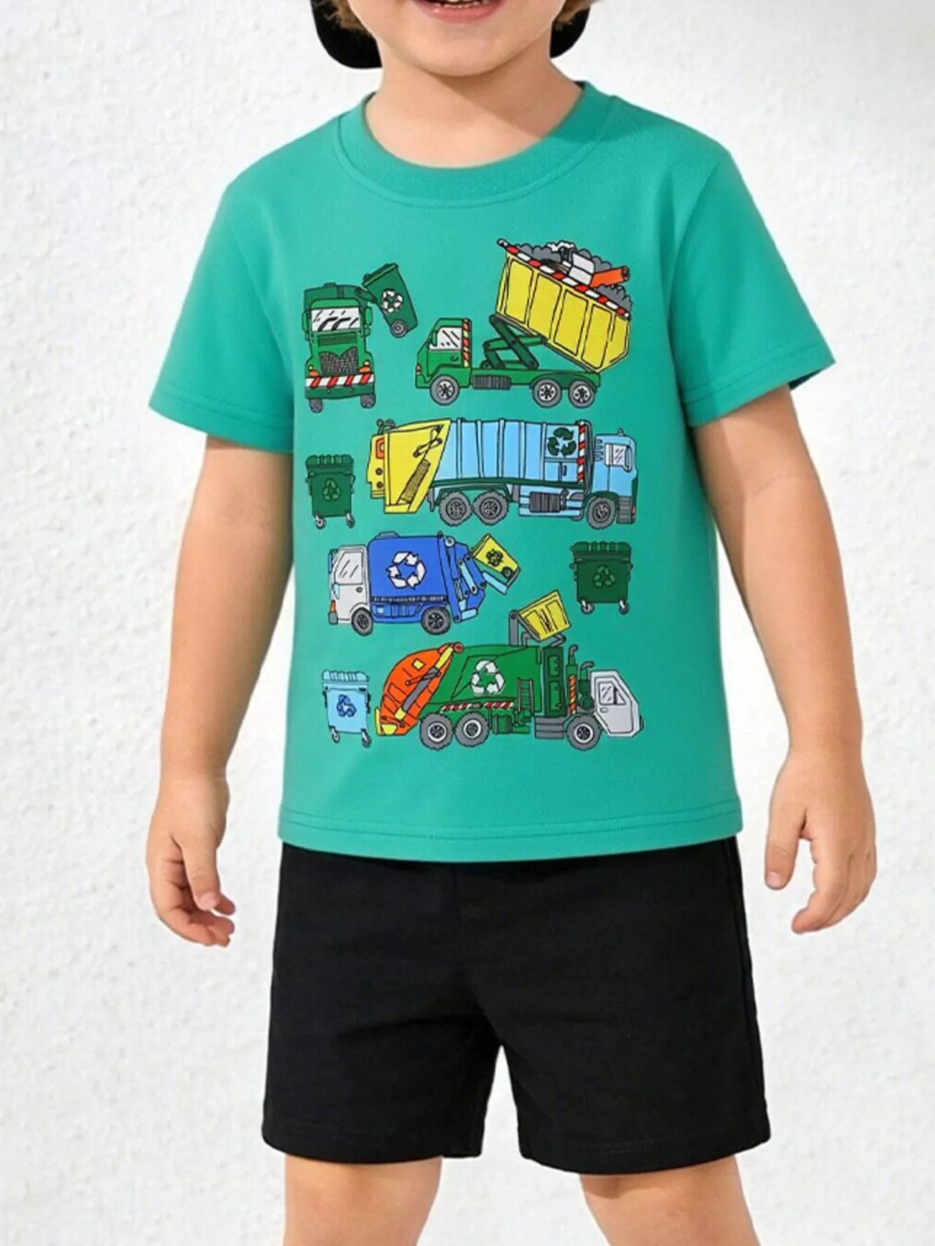 Children's turquoise tee featuring a cartoon garbage truck graphic.