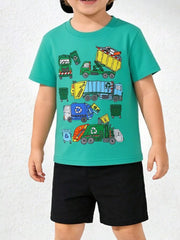 Children's turquoise tee featuring a cartoon garbage truck graphic.