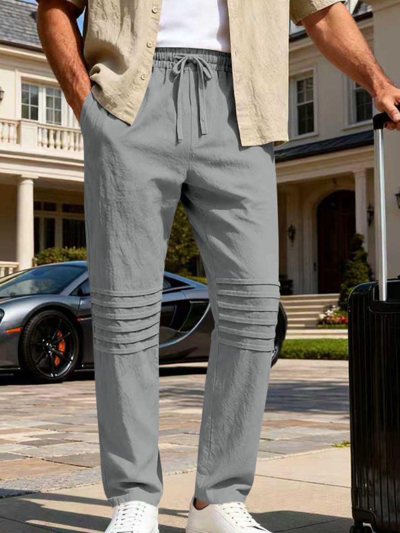 Men's casual drawstring pants with pockets.