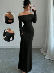 Full front mirror view of black off shoulder bodycon maxi dress with back detail insets