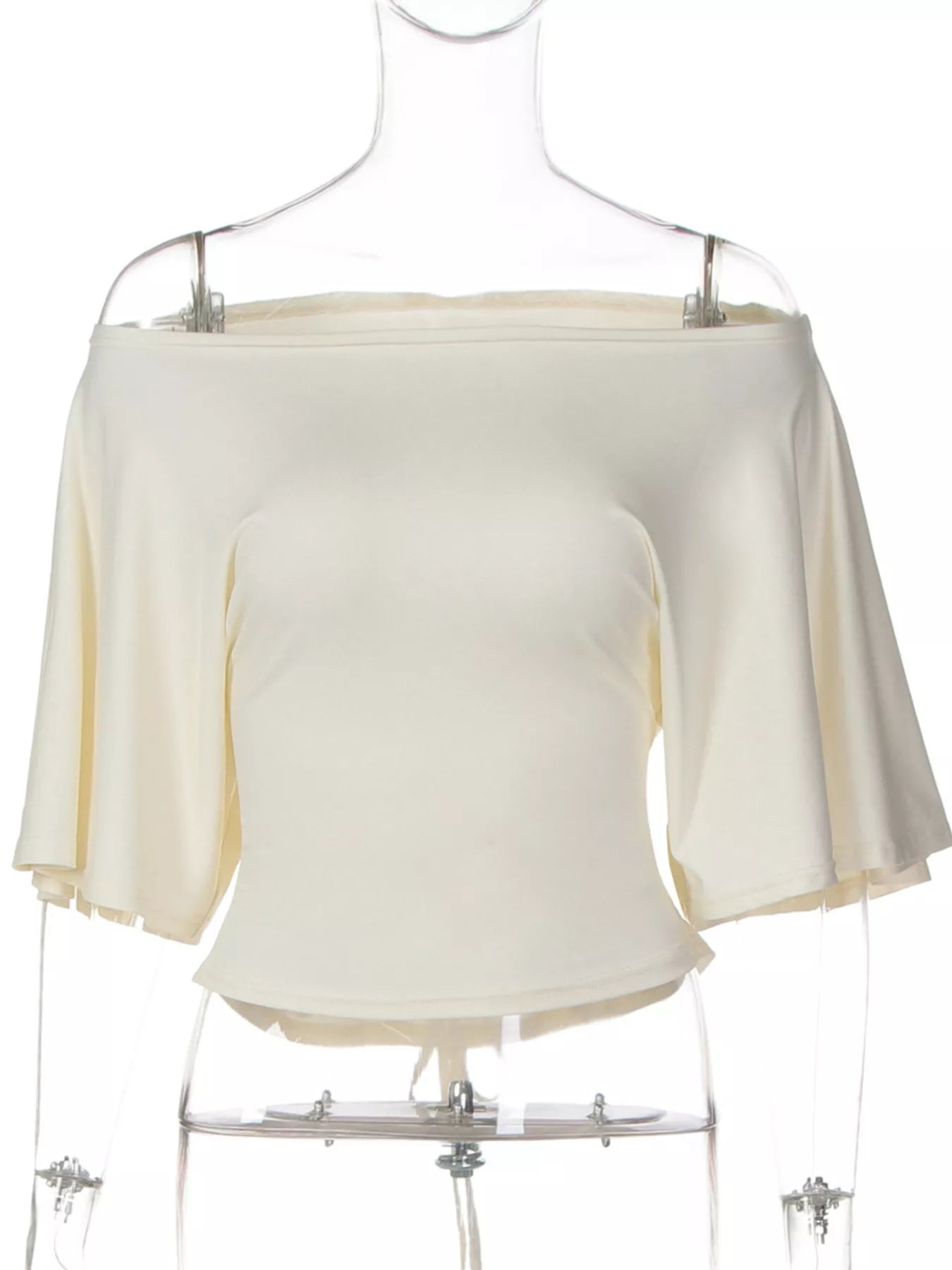 Cream boat-neck short-sleeve T-shirt displayed on a clear mannequin hanger.