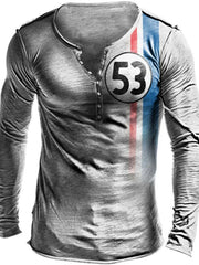 Men's washed long-sleeve Henley with distressed detailing and buttons in a cotton-polyester blend.