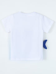Back view of plain white children's T-shirt with a small blue shark tail fin at the side
