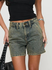 Women's washed high-rise denim shorts with pockets in a non-stretch rayon blend.