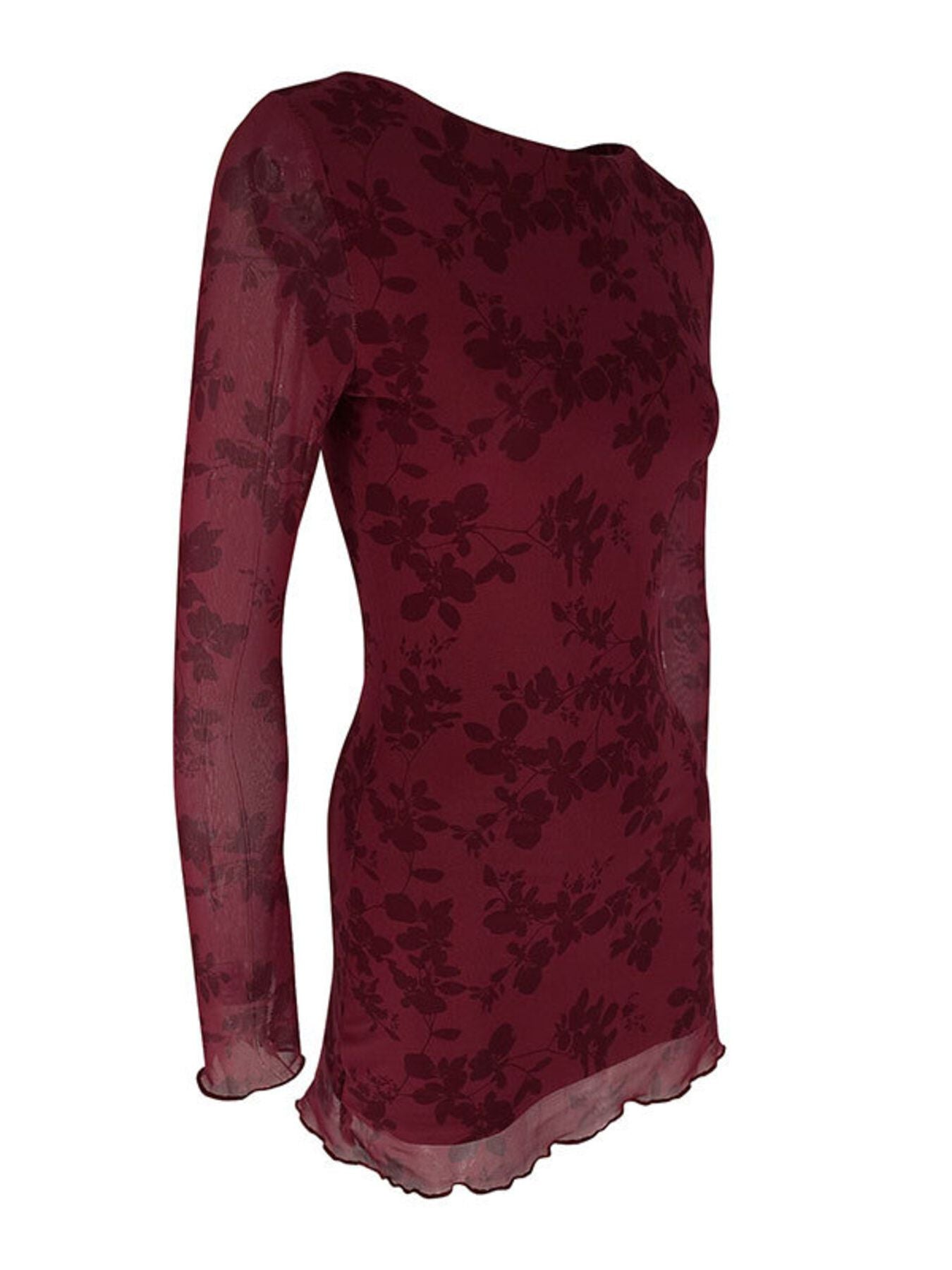 Burgundy floral long sleeve bodycon mini dress with sheer sleeves and lettuce hem, side flat view