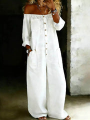 Women's off-shoulder jumpsuit with front buttons, wide legs, and pockets.