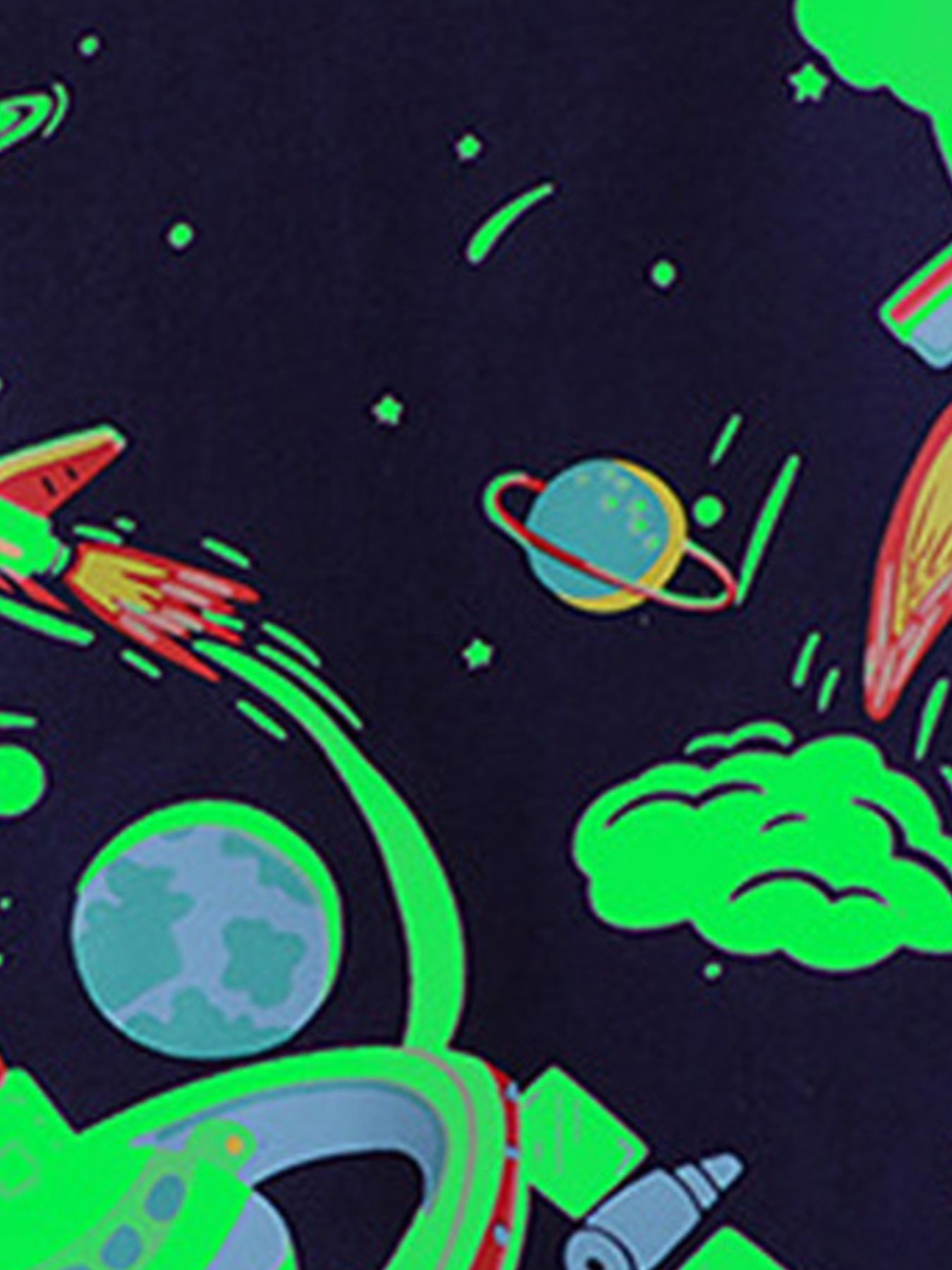 Dark close view of the navy children's tee space print with glowing rockets planets and clouds
