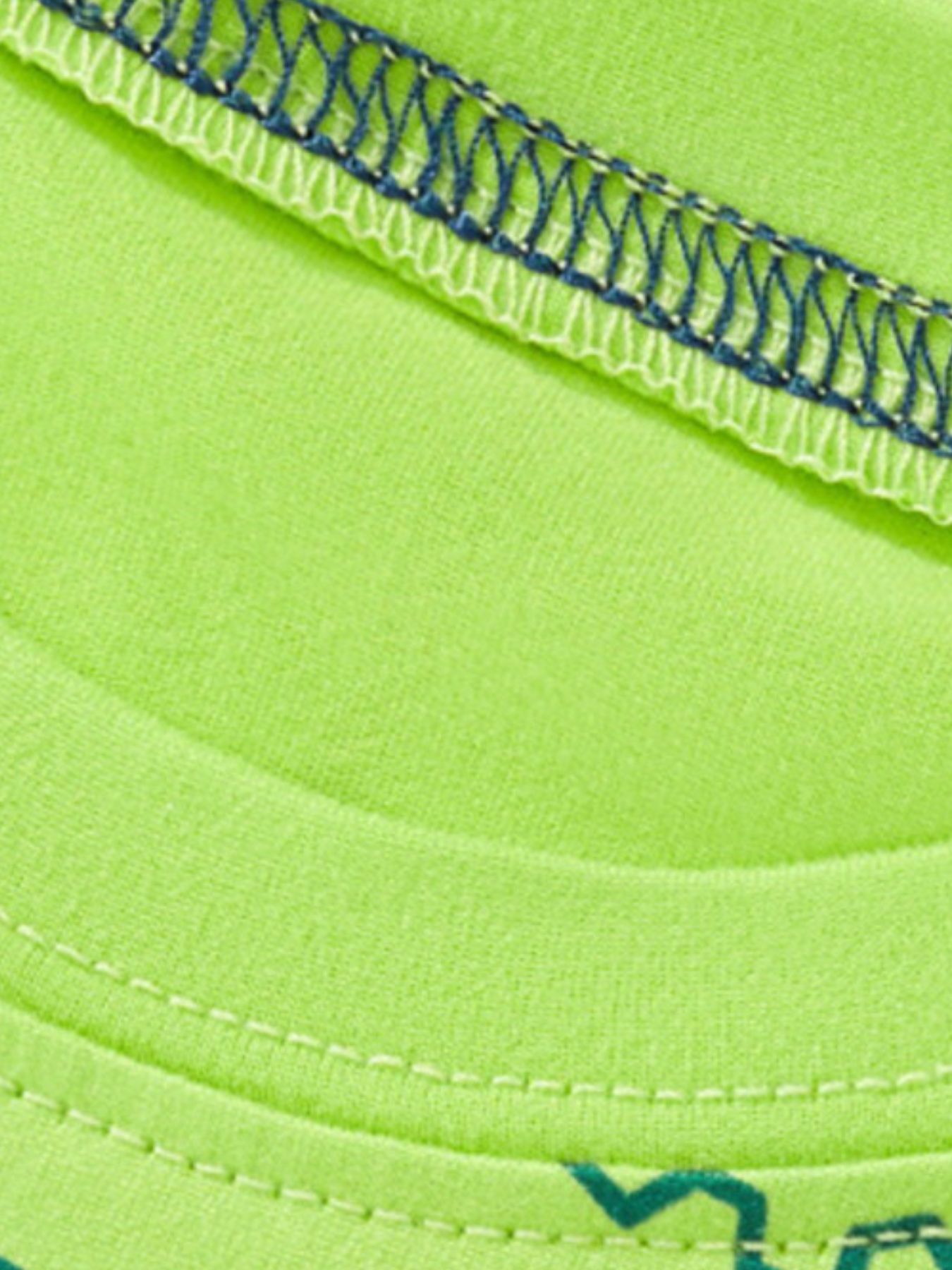 Close-up of the neckline seam and stitching on the children's neon green t-shirt