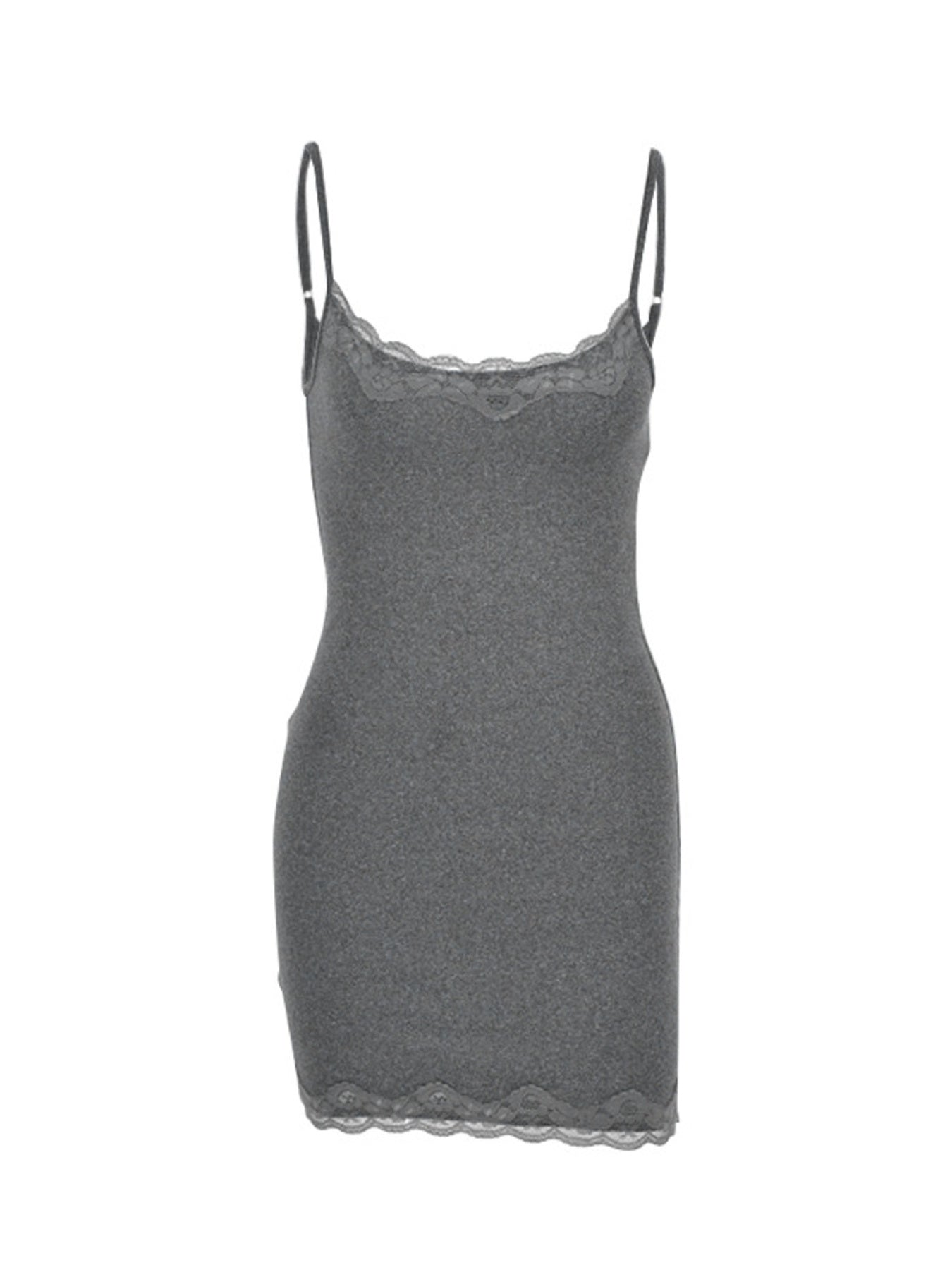 Grey lace trim bodycon mini dress shown flat, front view unworn
