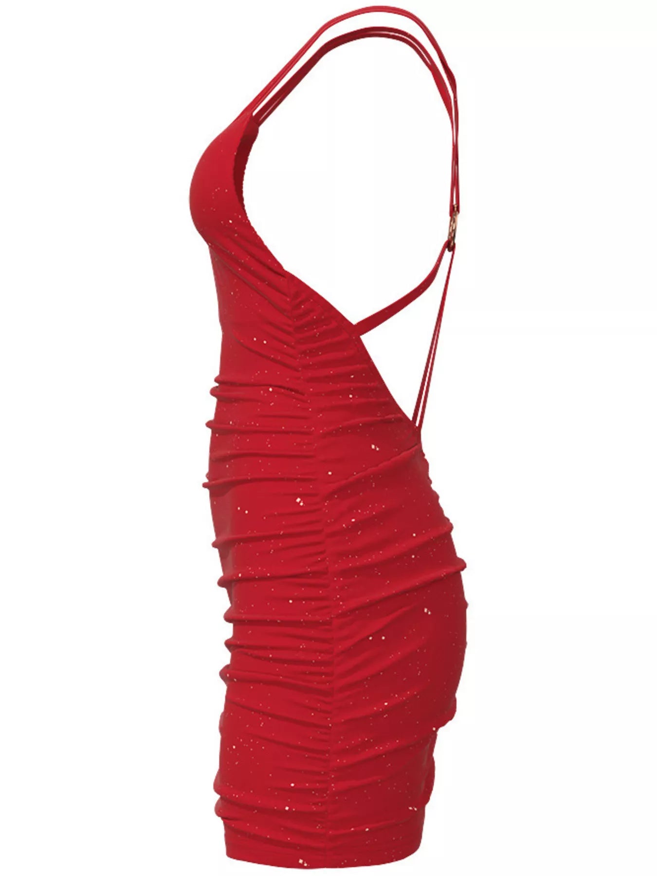 Flat side view of red glitter ruched bodycon mini dress showing fitted silhouette and open back