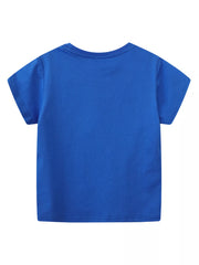 Back view of a plain royal blue children's short sleeve t shirt