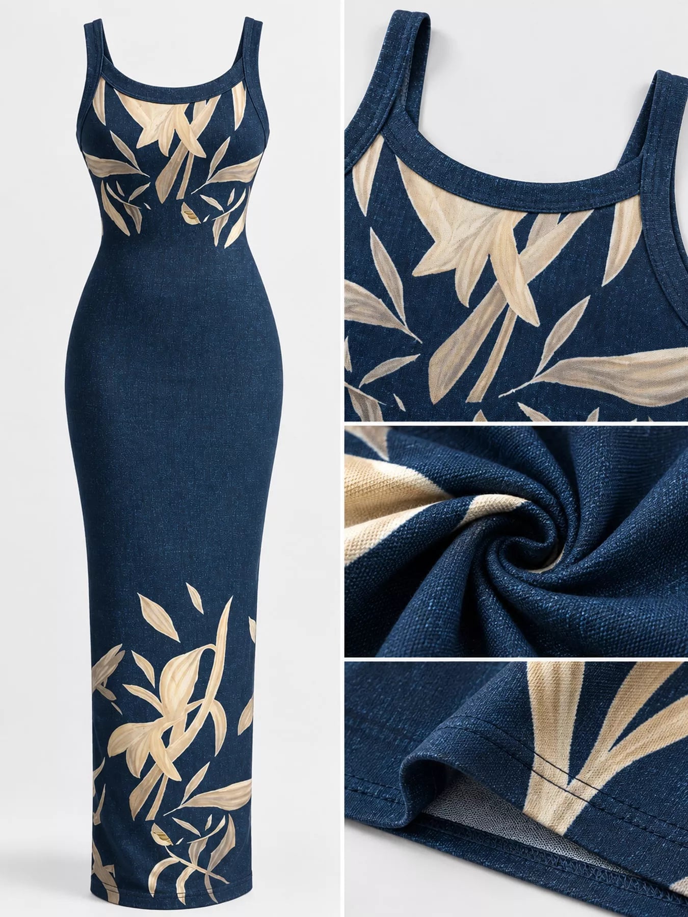 Navy blue leaf print sleeveless bodycon maxi dress with neckline fabric and hem close ups